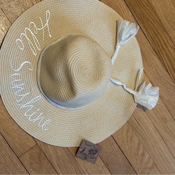 Elegant Tan Sun Hat with White Embroidery and tassels “Hello Sunshine” - Picture 1 of 3